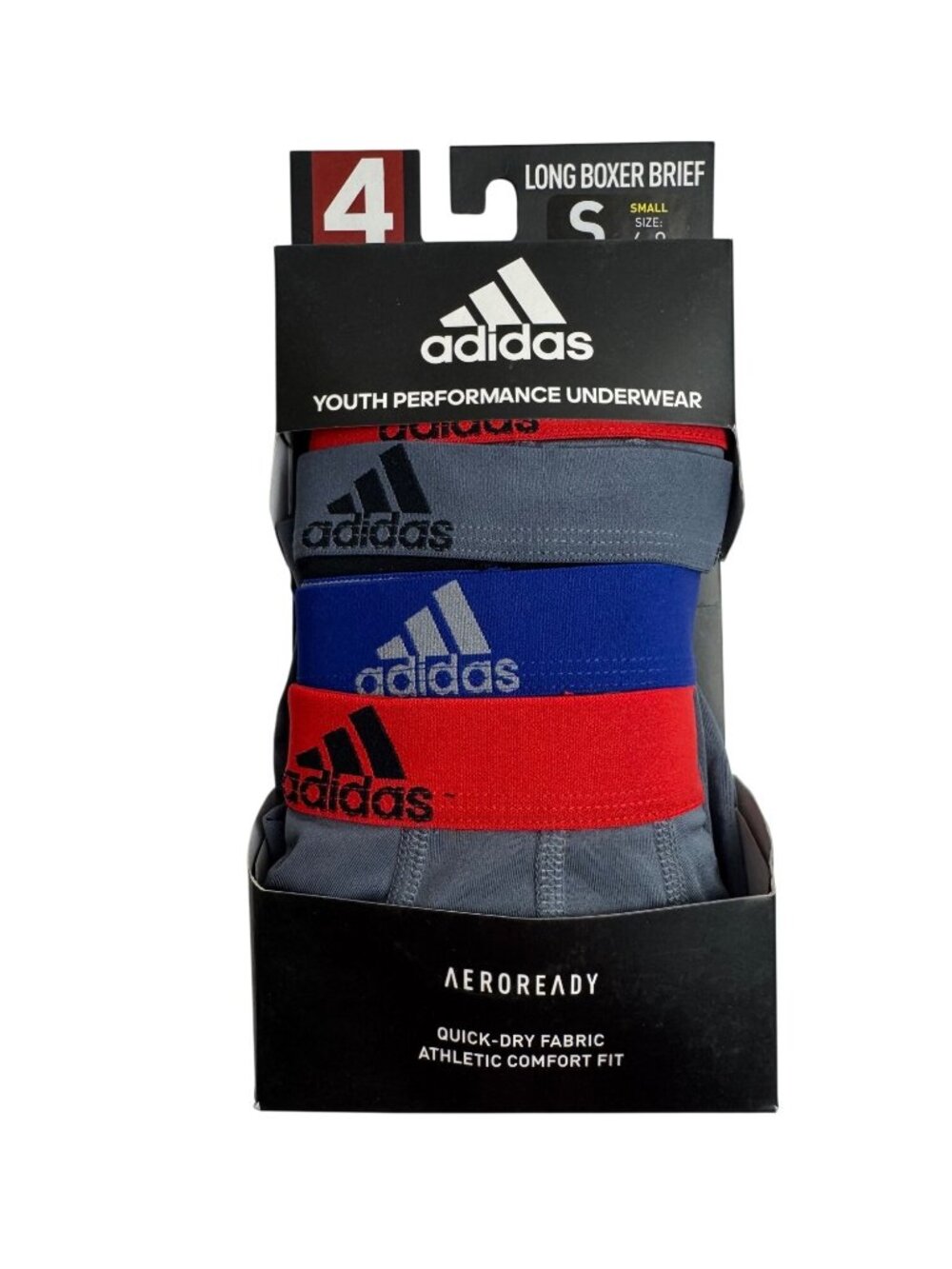 adidas NEW 4-Pack Youth Performance Underwear Long Boxer Brief SM 6-8 Red Blue